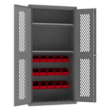 Load image into Gallery viewer, Durham EMDC36242S15B1795 Ventilated Cabinet, 14 Gauge, 2 Shelves, 15 Red Bins, 36 X 24 X 72