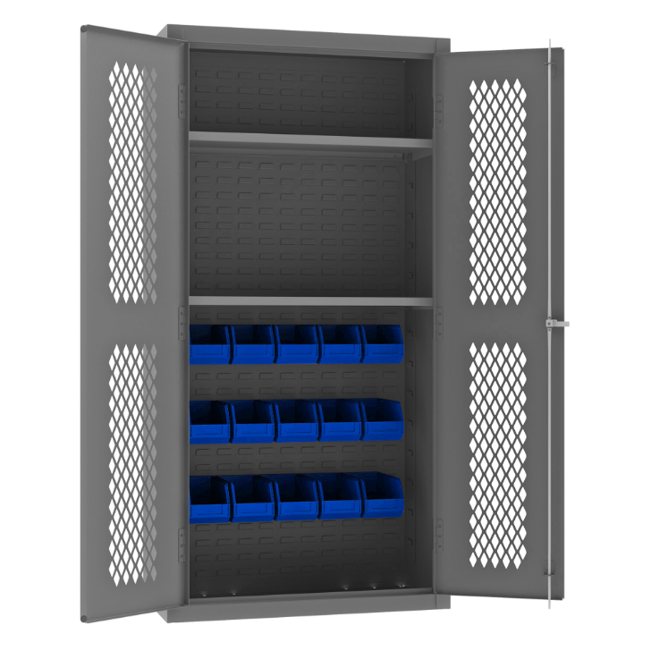 Durham EMDC36242S15B5295 Ventilated Cabinet, 14 Gauge, 2 Shelves, 15 Blue Bins, 36 X 24 X 72