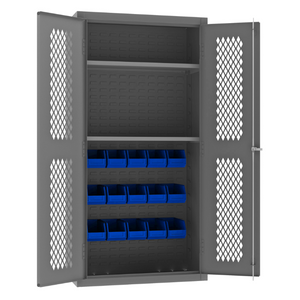 Durham EMDC36242S15B5295 Ventilated Cabinet, 14 Gauge, 2 Shelves, 15 Blue Bins, 36 X 24 X 72