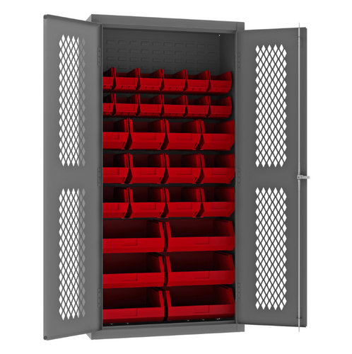 Durham EMDC-362472-30B-1795 Ventilated Cabinet, 14 Gauge, 30 Red Bins, 36 X 24 X 72