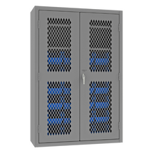 Load image into Gallery viewer, Durham EMDC-481872-24B-2S-5295 Ventilated Cabinet, 14 Gauge, 2 Shelves, 24 Blue Bins, 48 X 18 X 72