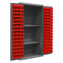 Load image into Gallery viewer, Durham 3501-DLP-PB-96-2S-1795 Cabinet, 14 Gauge, Pegboard, 2 Shelves, 96 Red Bins, 36 X 24 X 72