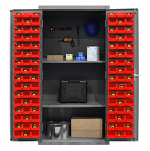 Load image into Gallery viewer, Durham 3501-DLP-PB-96-2S-1795 Cabinet, 14 Gauge, Pegboard, 2 Shelves, 96 Red Bins, 36 X 24 X 72