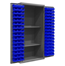 Load image into Gallery viewer, Durham 3501-DLP-PB-96-2S-5295 Cabinet, 14 Gauge, Pegboard, 2 Shelves, 96 Blue Bins, 36 X 24 X 72