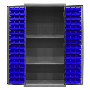 Durham 3501-DLP-PB-96-2S-5295 Cabinet, 14 Gauge, Pegboard, 2 Shelves, 96 Blue Bins, 36 X 24 X 72