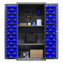 Load image into Gallery viewer, Durham 3501-DLP-PB-96-2S-5295 Cabinet, 14 Gauge, Pegboard, 2 Shelves, 96 Blue Bins, 36 X 24 X 72