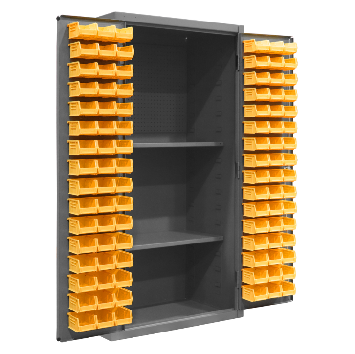 Durham 3501-DLP-PB-96-2S-95 Cabinet, 14 Gauge, Pegboard, 2 Shelves, 96 Yellow Bins, 36 X 24 X 72