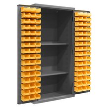 Load image into Gallery viewer, Durham 3501-DLP-PB-96-2S-95 Cabinet, 14 Gauge, Pegboard, 2 Shelves, 96 Yellow Bins, 36 X 24 X 72