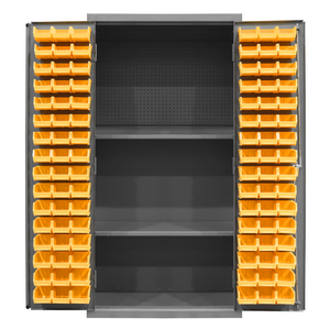 Durham 3501-DLP-PB-96-2S-95 Cabinet, 14 Gauge, Pegboard, 2 Shelves, 96 Yellow Bins, 36 X 24 X 72