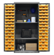 Load image into Gallery viewer, Durham 3501-DLP-PB-96-2S-95 Cabinet, 14 Gauge, Pegboard, 2 Shelves, 96 Yellow Bins, 36 X 24 X 72