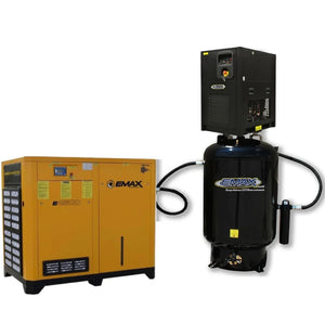 EMAX ERV007PKG1 7.5HP 1PH 24CFM Energy Efficient Variable Speed Industrial Rotary Screw Compressor :: 29CFM Air Dryer mounted to a 120 Gallon Vertical Tank - w/ Auto Drain & Hydraulic Hose