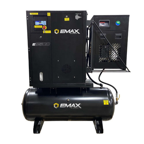 EMAX ERIK070003 7.5HP 3PH 208-230V/460V 24CFM Fixed Speed Industrial Rotary Screw Compressor mounted on a 120 Gal horizontal Tank swingarm 30CFM Air Dryer