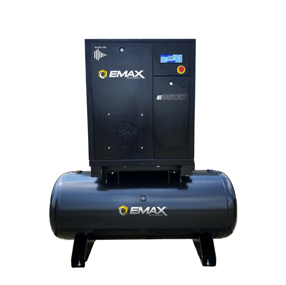 EMAX ERI0201203 20HP 3PH 208-230V/460V 76CFM Fixed Speed Industrial Rotary Screw Compressor mounted on a 120 Gal horizontal tank