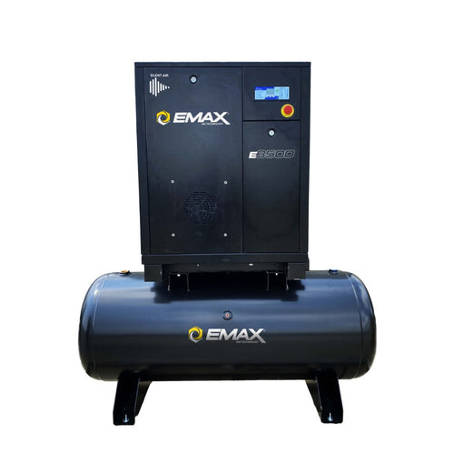 EMAX ERI0151203 15HP 3PH 208-230V/460V 56CFM Fixed Speed Industrial Rotary Screw Compressor mounted on a 120 Gal horizontal tank