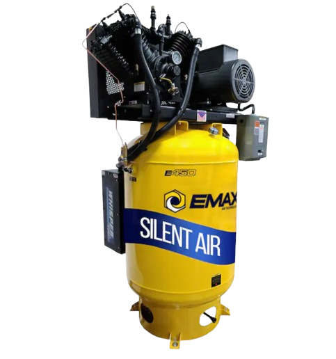 EMAX ESP10V120V3-208 Silent Air Industrial 10HP V4 38CFM 3- Phase 208/230V 2-Stage 120 Gal. Vertical Stationary Electric Air Compressor-W/ Pressure Lube Pump , Isolator Pads, Belt Tensioner, Continuous Run, Auto Drain