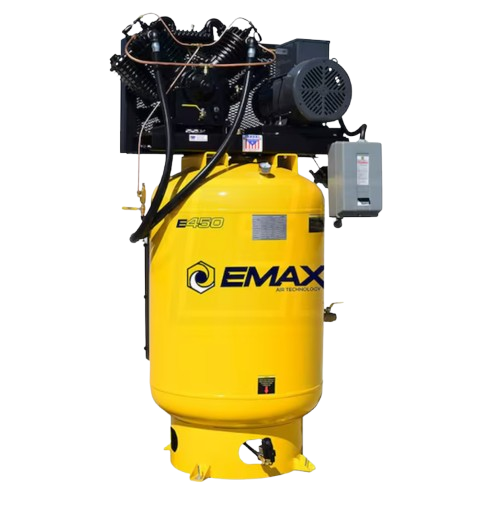 EMAX ESP10V120V3-460 Silent Air Industrial 10HP V4 38CFM 3- Phase 460V 2-Stage 120 Gal. Vertical Stationary Electric Air Compressor-W/ Pressure Lube Pump , Isolator Pads, Belt Tensioner, Continuous Run, Auto Drain