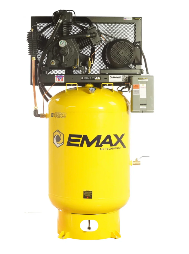 EMAX ESP15V120Y3-460 Silent Air Industrial 15HP 3CYL 57CFM 3- Phase 460V 2-Stage 120 Gal. Vertical Stationary Electric Air Compressor-W/ Pressure Lube Pump , Isolator Pads, Belt Tensioner, Continuous Run, Auto Drain