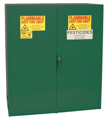 Eagle Pesticide Two Drum Vertical Safety Cabinet, 110 Gal., 1 Shelf, 2 Door, Manual Close, Green