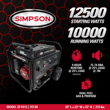 Load image into Gallery viewer, Simpson SF1012 12,500-Watt Gas Generator – 10,000 Running Watts, Simpson R500 Engine, 7.1 Gal Tank, 49-State (70136)