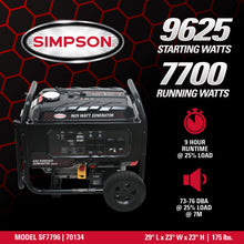 Load image into Gallery viewer, Simpson SF7796 9625-Watt Gas Generator, 7700 Running Watts, Simpson R420 Engine, Heavy-Duty Open Frame, 49-State