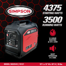 Load image into Gallery viewer, Simpson® Inverter Generator SGS3543 4375 Starting / 3500 Running Watt Gasoline Portable Inverter Generator 49-State 70127