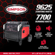 Load image into Gallery viewer, Simpson SGS7796 Dual Fuel Inverter Generator, 9625 Starting / 7700 Running Watts, Gas &amp; Propane, CO Shutdown, 49-State