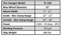 Load image into Gallery viewer, Tuxedo Lifts TC-430 Compact Swing-Arm Tire Changer – 38" Max Wheel, 12"–21" Inside / 10"–18" Outside Rim Clamp