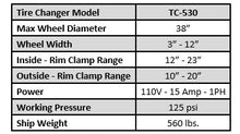 Load image into Gallery viewer, Tuxedo Lifts TC-530 Compact Swing-Arm Tire Changer – 38" Max Wheel, 12"–23" Inside / 10"–20" Outside Rim Clamp