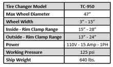 Load image into Gallery viewer, Tuxedo Lifts TC-950 Swing-Arm Tire Changer – 47" Max Wheel, 15"–28" Inside / 13"–24" Outside Rim Clamp