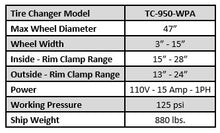 Load image into Gallery viewer, Tuxedo Lifts TC-950-WPA Swing-Arm Tire Changer with Wheel Press Assist Arm – 47" Max Wheel, Low-Profile &amp; Run-Flat Capable