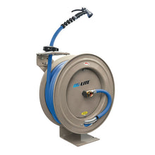 Load image into Gallery viewer, AG-Lite 100% Rubber 5/8" X 50' Water Hose Heavy Duty 18 Gauge Retractable Reel.  3/4" Male and Female GHT Fittings.  500 PSI Burst Rating.  Includes 6' Lead In Hose and Nozzle.  Cream Color
