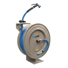 Load image into Gallery viewer, AG-Lite 100% Rubber 5/8" X 50' Water Hose Heavy Duty 18 Gauge Retractable Reel.  3/4" Male and Female GHT Fittings.  500 PSI Burst Rating.  Includes 6' Lead In Hose and Nozzle.  Cream Color