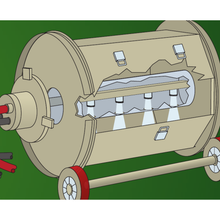 Load image into Gallery viewer, Cutaway of a ZERO tumble barrel showing parts riding on a bed of media while the automatic blast guns fire