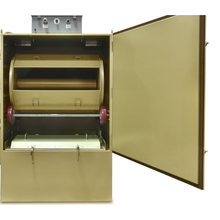 Load image into Gallery viewer, Clemco ZERO BNP 166 tumble barrel blast cabinet with the door open showing the rubber-lined barrel and drive wheels