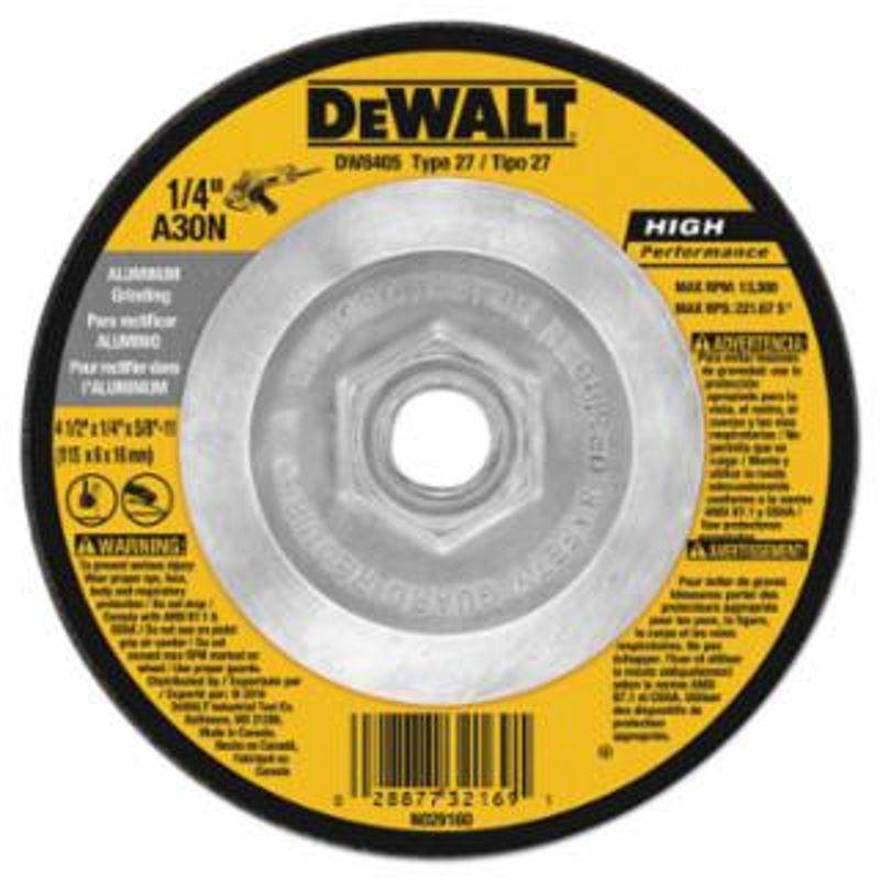 DeWalt HP T27 Aluminum Grinding Wheel, 4-1/2 in dia, 5/8 in-11 in Arbor, 13,300 RPM 
10 EA / BX