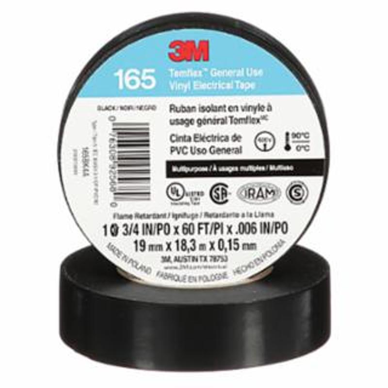 3M Temflex™ Vinyl Electrical Tape 165, 60 ft x 3/4 in, Black 10 RL / PK