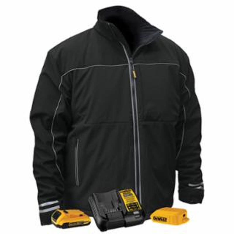 DeWalt Lightweight Soft-Shell Heated Jacket, 2X-Large, Brushed Twill/Polyester Fleece Lining, Black/Silver, Includes Battery Kit