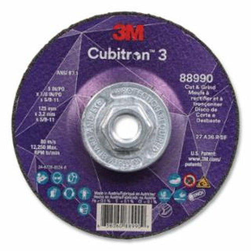 3M Cubitron™ 3 Cut and Grind Wheel, 5 in dia x 1/8 Thick 5/8 in-11 Arbor, 36+ Grit, T27 10 EA / Case