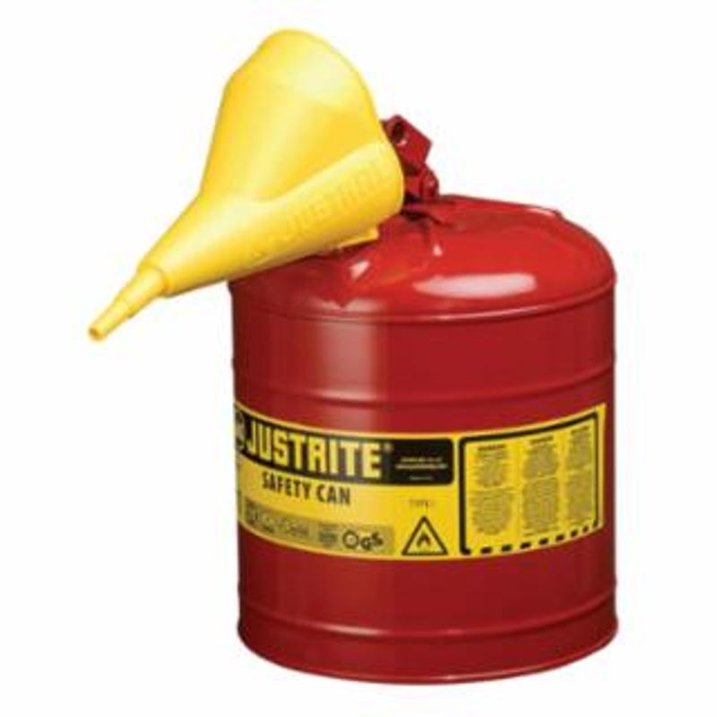 Justrite Type l Steel Safety Can, Gas, 2.5 gal, Red, Includes Poly Funnel/SS Flame Arrestor/Swinging Handle 1 EA / EA