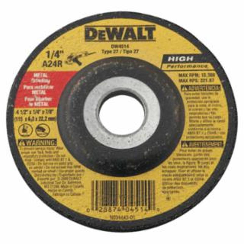 DeWalt Type 27 HP Metal Grinding Wheel, 4-1/2 in dia, 7/8 Arbor, 13,300 RPM, 24 Grit 25 EA / BOX