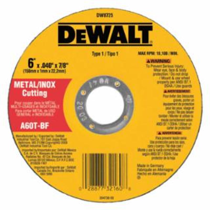 DeWalt Type 1 Thin Metal Cutting Wheel, 6 in dia, 0.040 Thick, 7/8 Arbor, A60T Grit 25 EA / BOX