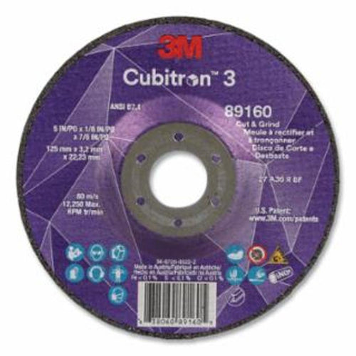 3M Cubitron™ 3 Cut and Grind Wheel, 5 in dia x 1/8 Thick 7/8 Arbor, 36+ Grit, T27 10 EA / PK