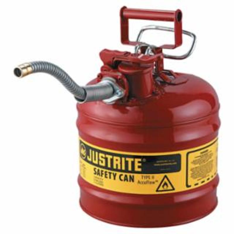 Justrite Type II AccuFlow™ Safety Can, Gas, 2 gal, Red, Includes 5/8 in OD Flexible Metal Hose 1 EA / EA