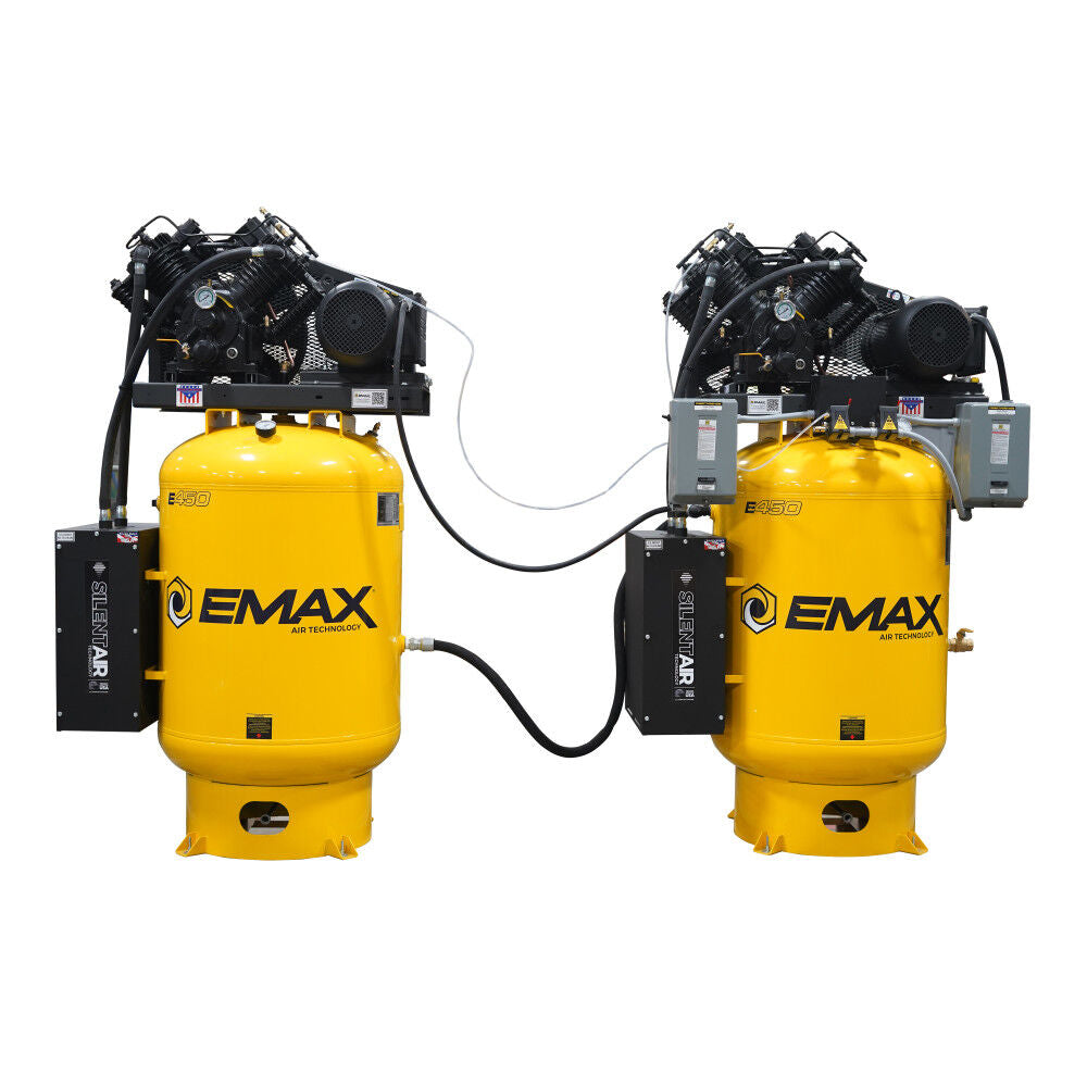 EMAX ESPR10A120V1 Dual SOLO Alternating Silent Air Compressor System – 10HP/20HP V4, 38 CFM Each, 120-Gallon Vertical, 2-Stage, Single-Phase Electric with Pressure-Lubed Pump, Auto Drain & Aftercoolers