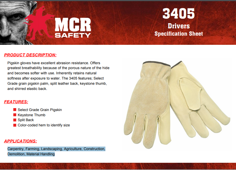 MCR 3405 Safety - Leather Palm Gloves, Pigskin - 12/PK