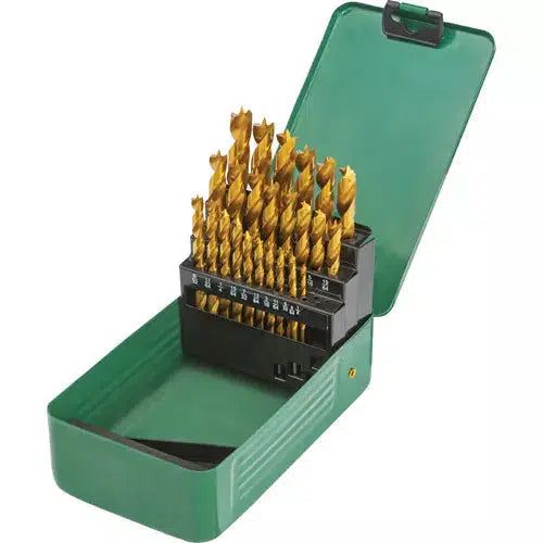 Grizzly PRO T33691 - M2 HSS TiN-Coated Brad Point Bit Set, 25 Pc.