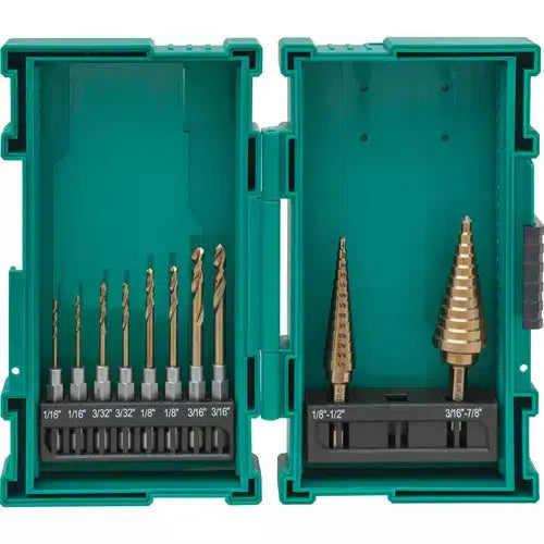 Grizzly PRO T33846 - M35 HSS Cobalt Quick-Release Hex Shank Step Drill and Drill Bit Set, 10 Pc.