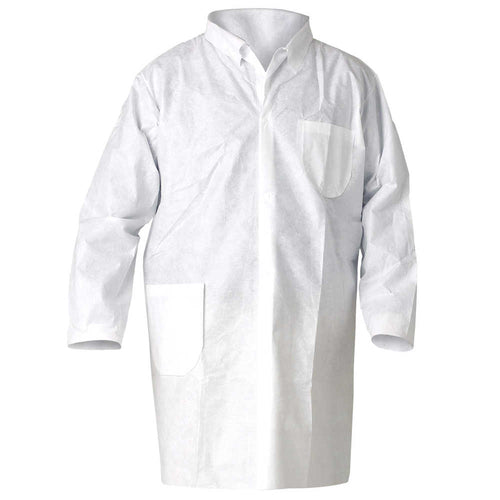 Kimberly Clark Kleenguard A20 Breathable Particle Protection Lab Coat -  Serged Seams, 4 Snap Closure, Open Wrists, Knee Length, Left Chest Pocket, Right Hip Pocket, White - Large - 25 Each Case