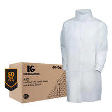 Load image into Gallery viewer, Kimberly Clark KleenGuard A10 Light Duty Apparel - Labcoat -  Serged Seams - 4 Snap Closure - Elastic Wrists - Knee Length - White - Large - 50 Each Case