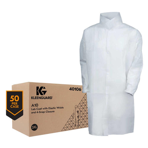 Kimberly Clark KleenGuard A10 Light Duty Apparel - Labcoat -  Serged Seams - 4 Snap Closure - Elastic Wrists - Knee Length - White - Large - 50 Each Case